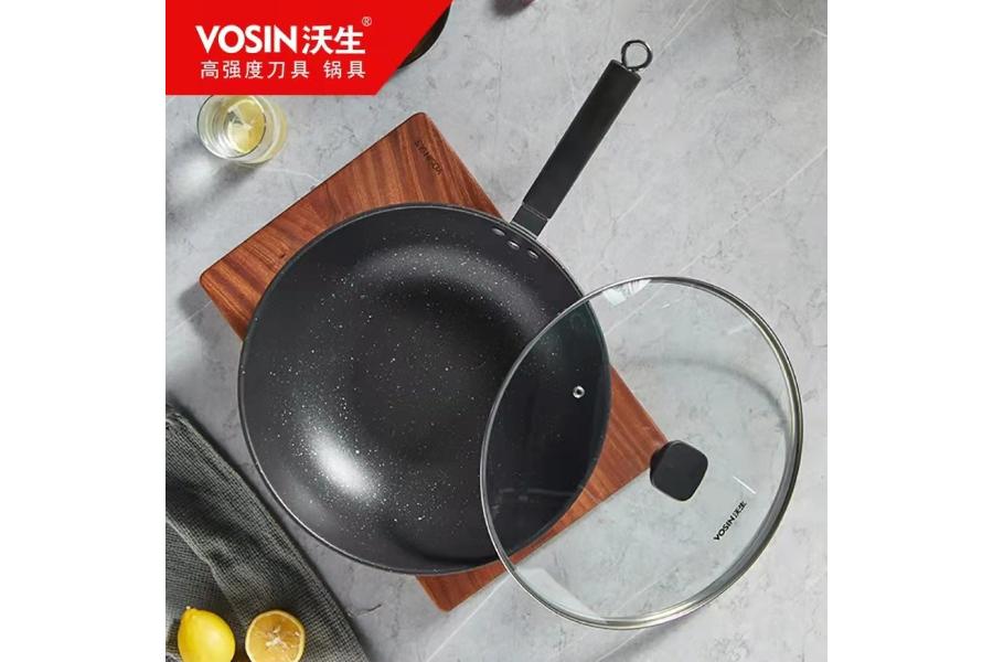 市价1298元VOSIN沃生黑曜石不粘锅具3件套优质铁矿原石食品级华福麦饭石技术无油烟炒菜3件 zpw2022003016