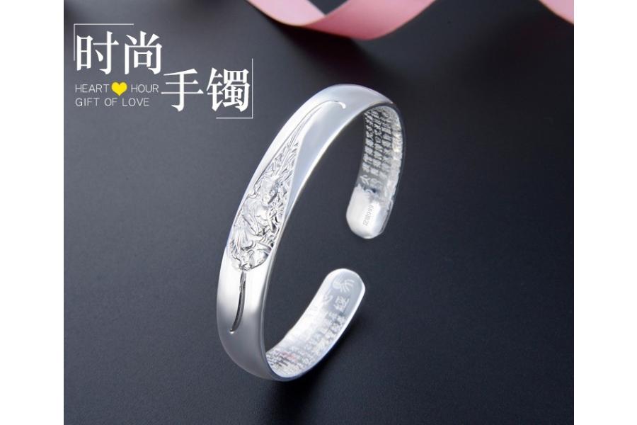 S999足银约39g树叶时尚四字心经足银开口手镯Y12-保真包邮