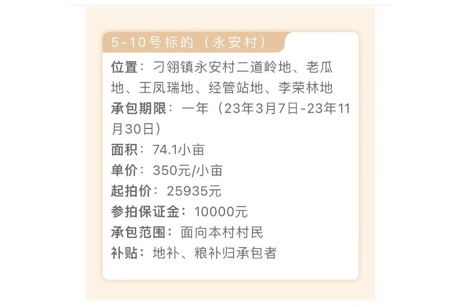 5-10、林口县刁翎镇永安村二道岭地、老瓜地、王凤瑞地、经管站地、李荣地一年承包权，面积74.1小亩