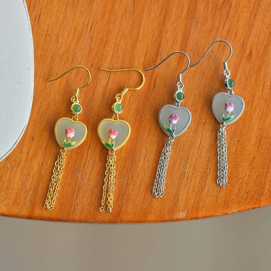 s925银镶和田玉心形流苏耳坠 颜色随机【规格】裸石：10×10的来源图片