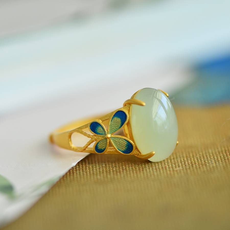 s925银镶和田玉蛋面珐琅戒指💍【规格】裸石：10*14的来源图片