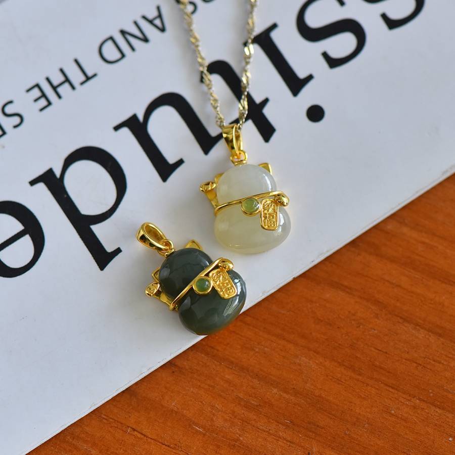 s925银镶和田玉招财猫吊坠 颜色随机【规格】裸石：12*14的来源图片