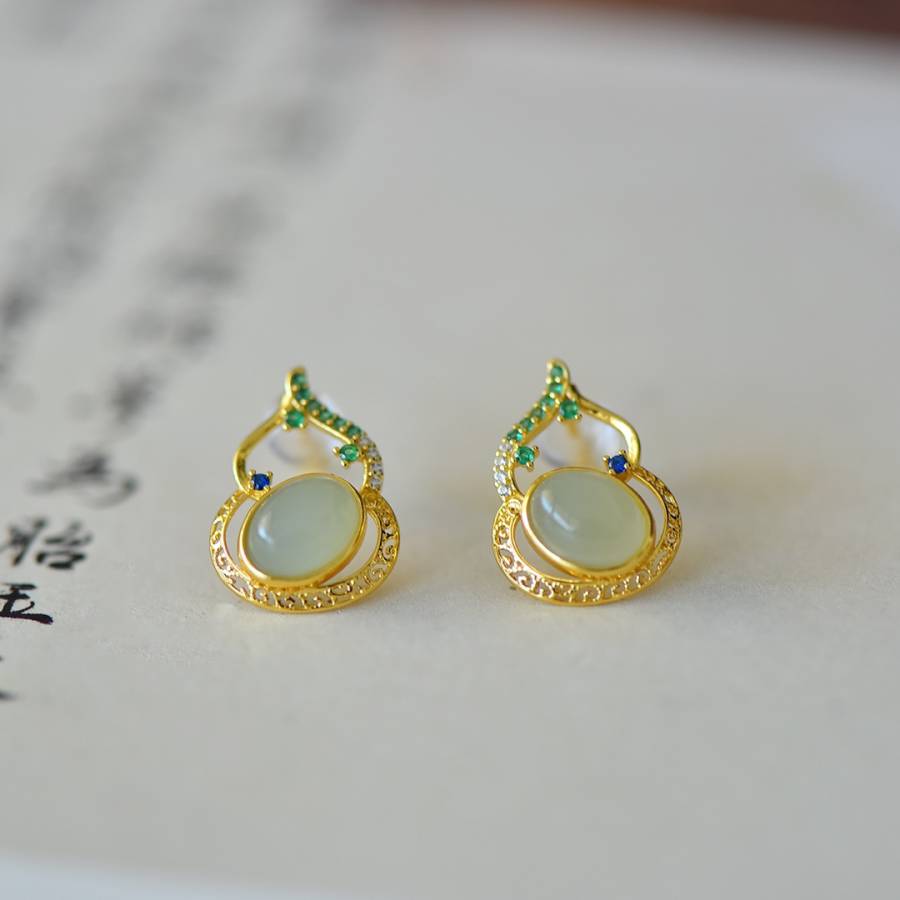 s925银镶和田玉葫芦耳钉【规格】裸石：6*8的来源图片