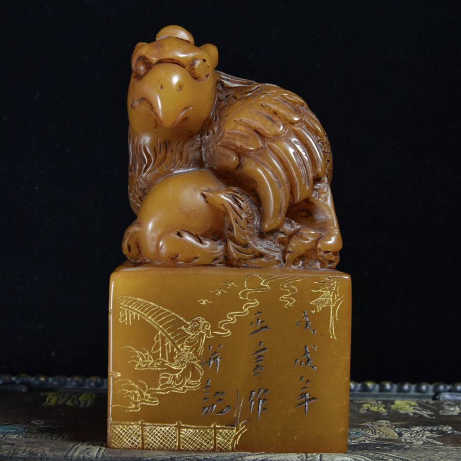 寿山石田黄石描金雕刻【异兽】印章的来源图片