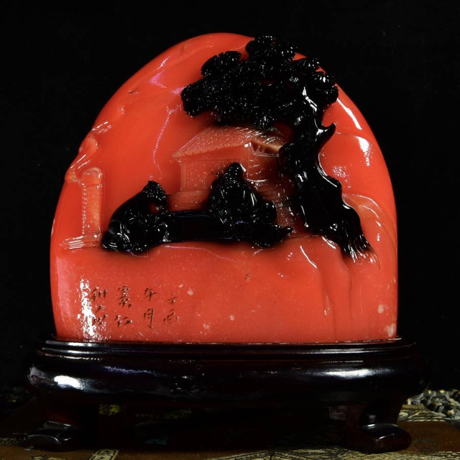 旧藏寿山石乌鸦皮红田黄石【松下雅聚】摆件的来源图片