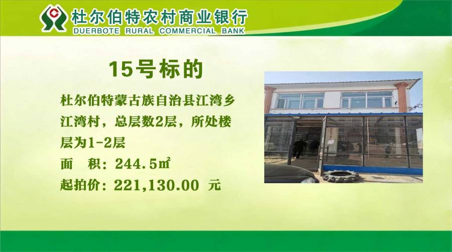 15.杜尔伯特蒙古族自治县江湾乡江湾村,总层数2层,所处楼层为1-2层,建筑面积244.50㎡,产权性质为农村宅基地,贷款抵押物产权证号:村房权证庆杜村字第6420160317001号。的来源图片