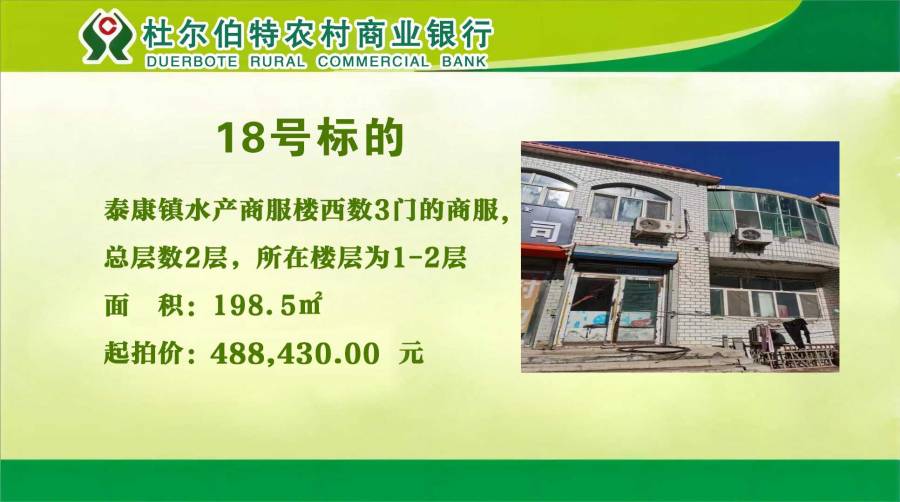 18.位于泰康镇水产商服楼西数3门的商服,房屋所有权人为杜森、陈志慧共同共有,位置:杜尔伯特蒙古族自治县泰康镇天桥西侧,建筑面积198.50平方米,所在层数1-2层;土地使用权类型为国有建设用地,共有宗权面积面积667.50平方米,分摊面积土地面积122.53平方米。房屋所有权证号码:黑2016杜尔伯特县不动产权第0000919号的来源图片