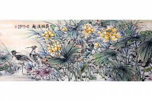一物三证（合影 授权 鉴定证书） 著名海军国礼画家 师百卉【荷塘清趣】的来源图片