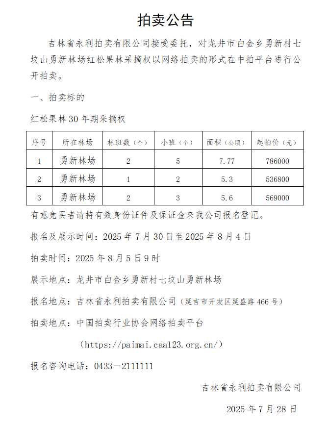 8月5日延边林场红松果林采摘权拍卖公告