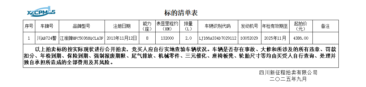 9月30日成都川AB724警江淮牌HFC5036XQCLA3F小型专用客车一辆（不含车牌号）拍卖公告