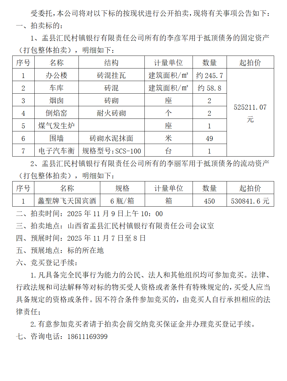 11月9日阳泉抵债资产拍卖公告