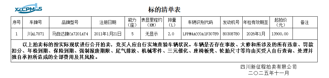 11月19日成都川AL7U71马自达牌CA7201AT4小型轿车一辆（不含车牌号）拍卖公告