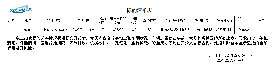 1月20日成都川A600C0昂科雷CXL5GAEV23D小型越野客车一辆（不含车牌号）拍卖公告