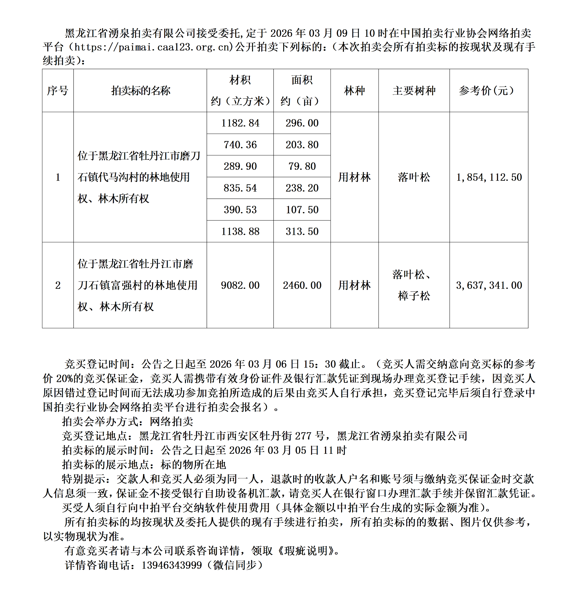 3月9日牡丹江林地使用权、林木所有权拍卖会拍卖公告