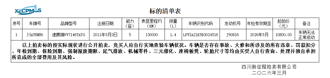 3月13日成都市川AT8N86速腾牌FV7146TATG小型轿车（不含车牌号）拍卖公告