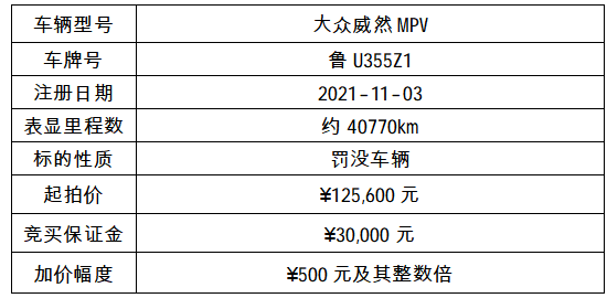3月18日宿迁市大众威然MPV车拍卖公告