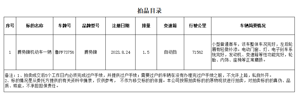 4月9日聊城市腾势牌机动车一辆拍卖公告