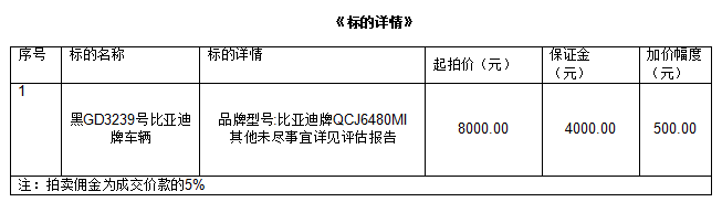 4月29日鸡西市一辆比亚迪小型客车拍卖公告