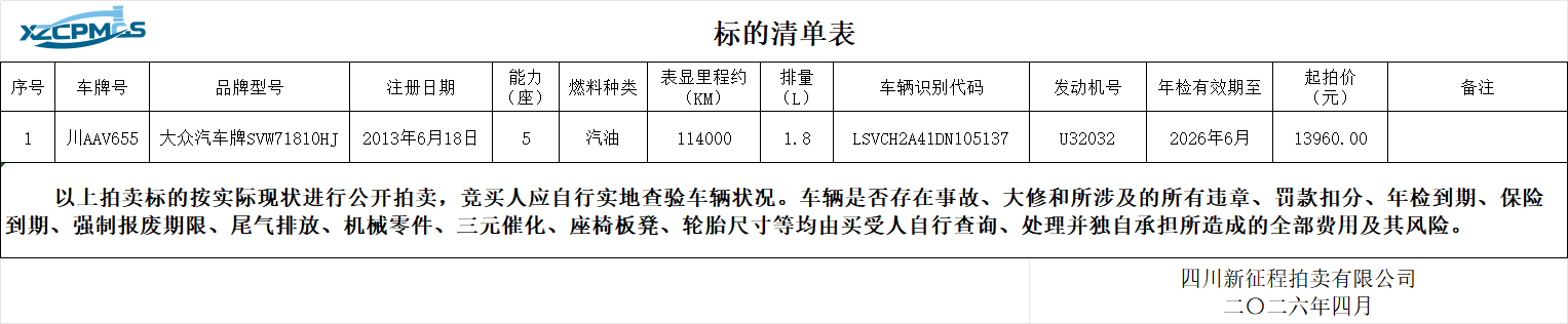 5月7日成都市川AAV655大众汽车牌SVW71810HJ小型轿车一辆（不含车牌号）拍卖公告